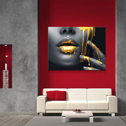 Gold Lips Of Desire Canvas Wall Art, Lips Canvas Abstract Art, Abstract Decor, Golden Lips - Royal Crown Pro