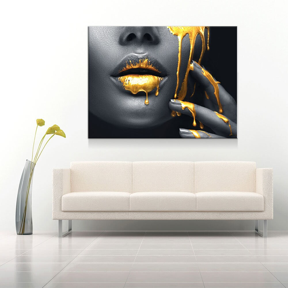 Gold Lips Of Desire Canvas Wall Art, Lips Canvas Abstract Art, Abstract Decor, Golden Lips - Royal Crown Pro