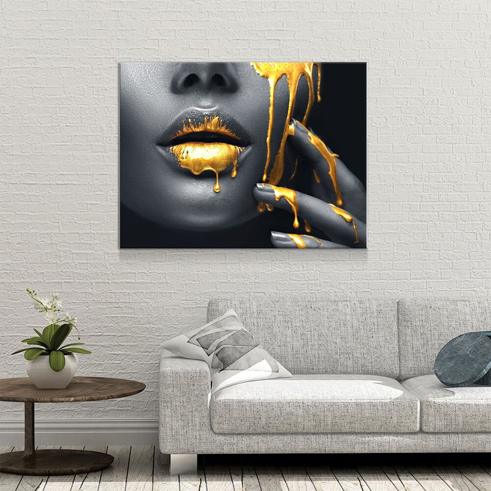 Gold Lips Of Desire Canvas Wall Art, Lips Canvas Abstract Art, Abstract Decor, Golden Lips - Royal Crown Pro