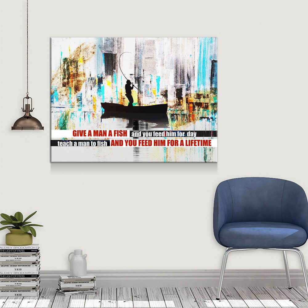 Teach A Man To Fish Canvas Wall Art, Motivational Abstract Art, Feed Him For A Lifetime - Royal Crown Pro