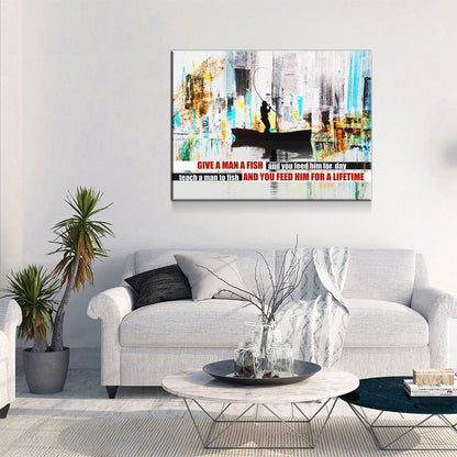 Teach A Man To Fish Canvas Wall Art, Motivational Abstract Art, Feed Him For A Lifetime - Royal Crown Pro