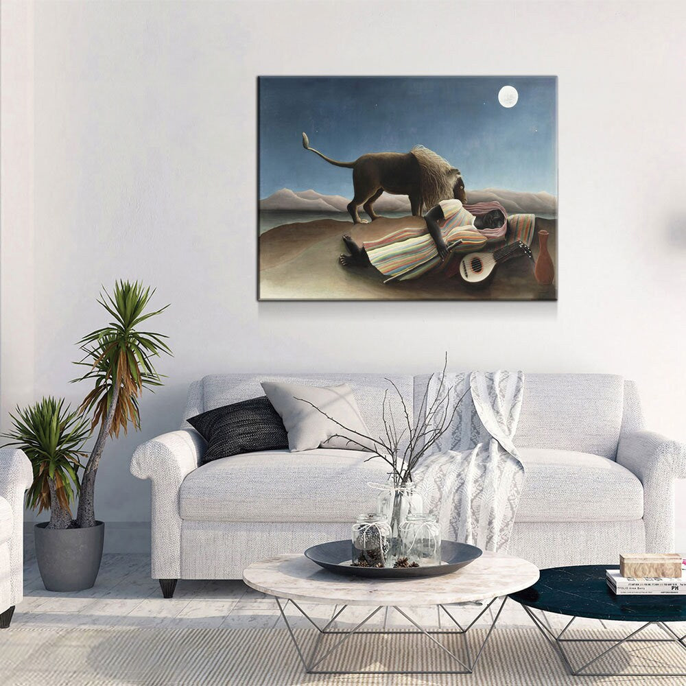 The Sleeping Gypsy Canvas Wall Art, Henri Rousseau Art, 1897 Famous Painting, La Bohémienne endormie, French Naïve artist - Royal Crown Pro