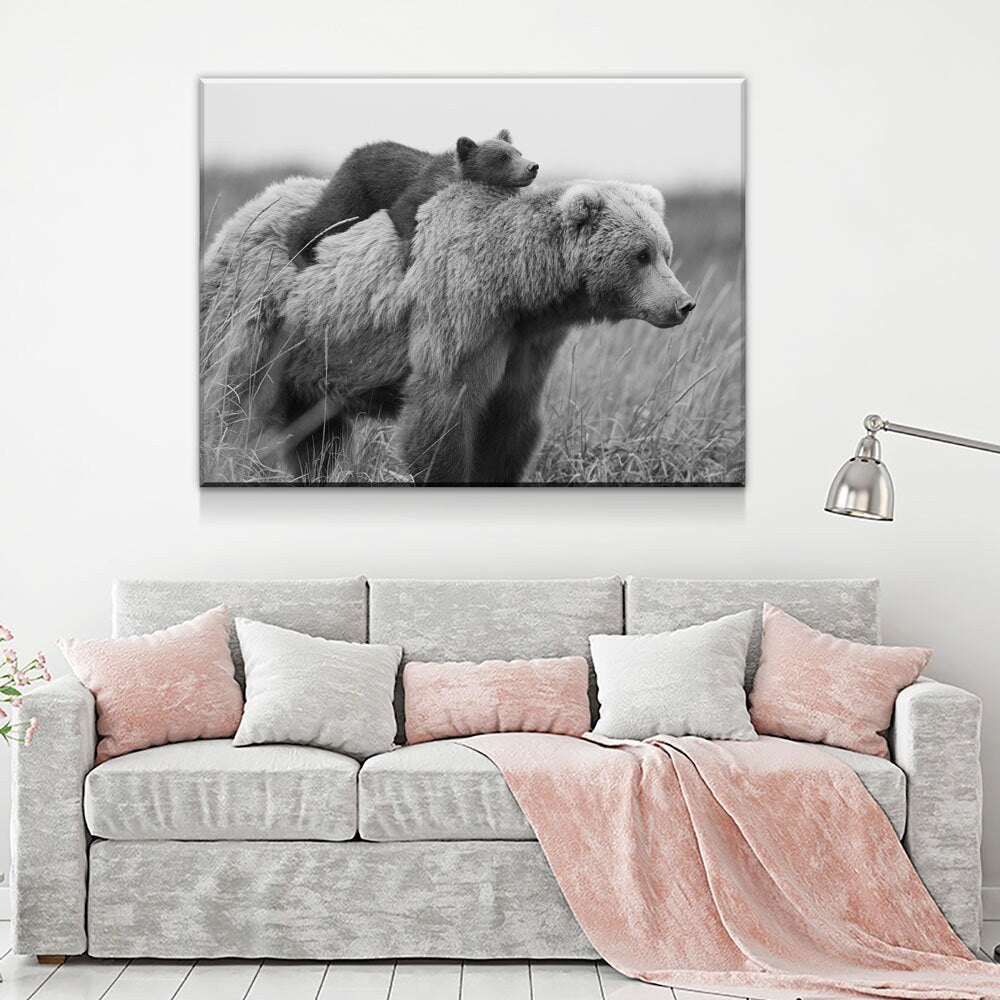 Bear & Cub Canvas Wall Art, Bear Cub And Momma Bear Decor, Wilderness, Wildlife, Nature Artwork, Grizzly Bear - Royal Crown Pro