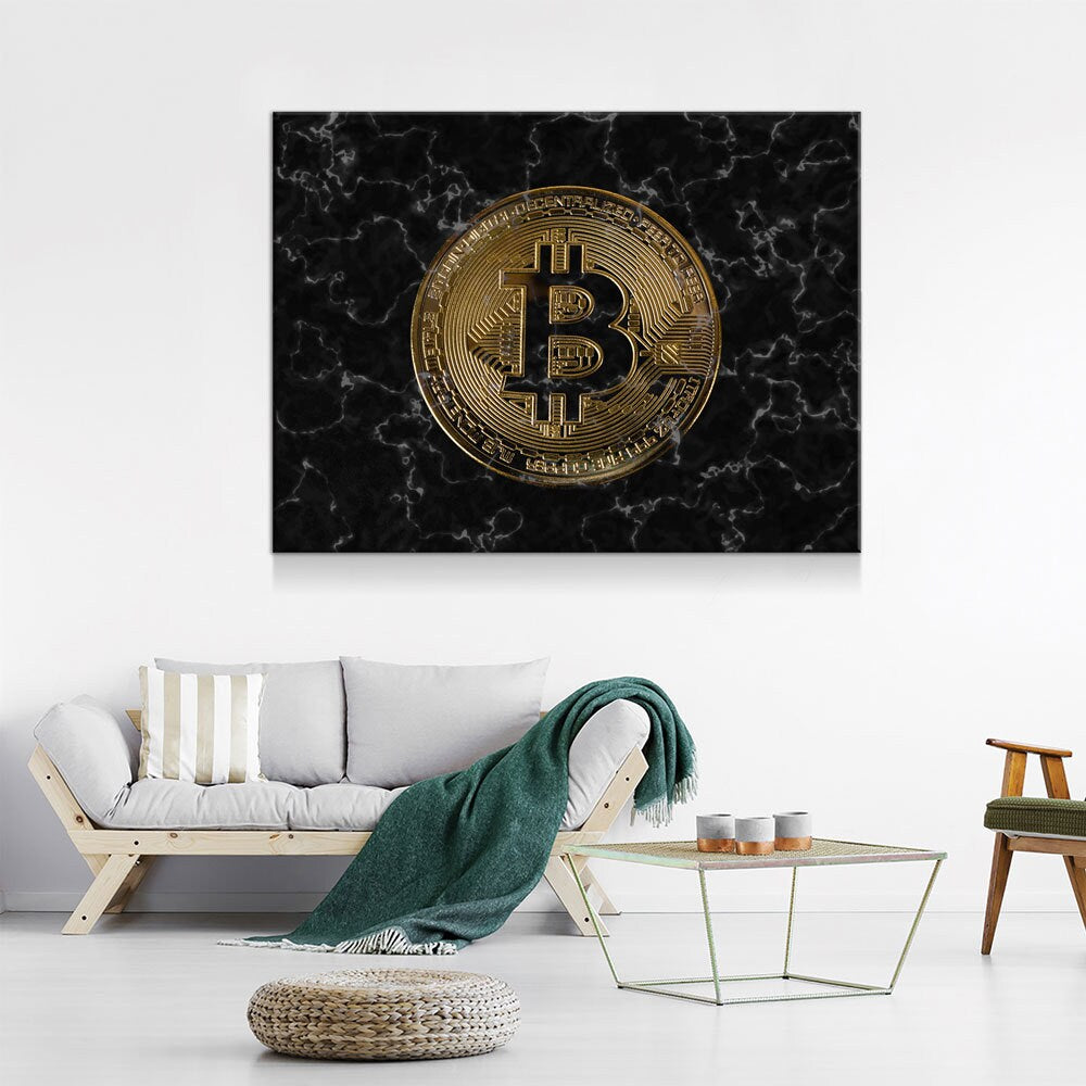 Bitcoin Black Marble Canvas Wall Art, Office Decor, Bitcoin, Crypto Currency, Block Chain, Decentralized Currency, Bitcoin Wall Art