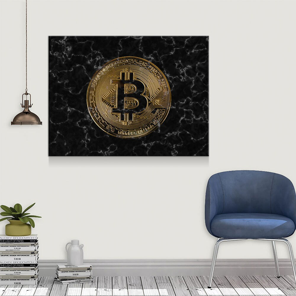 Bitcoin Black Marble Canvas Wall Art, Office Decor, Bitcoin, Crypto Currency, Block Chain, Decentralized Currency, Bitcoin Wall Art