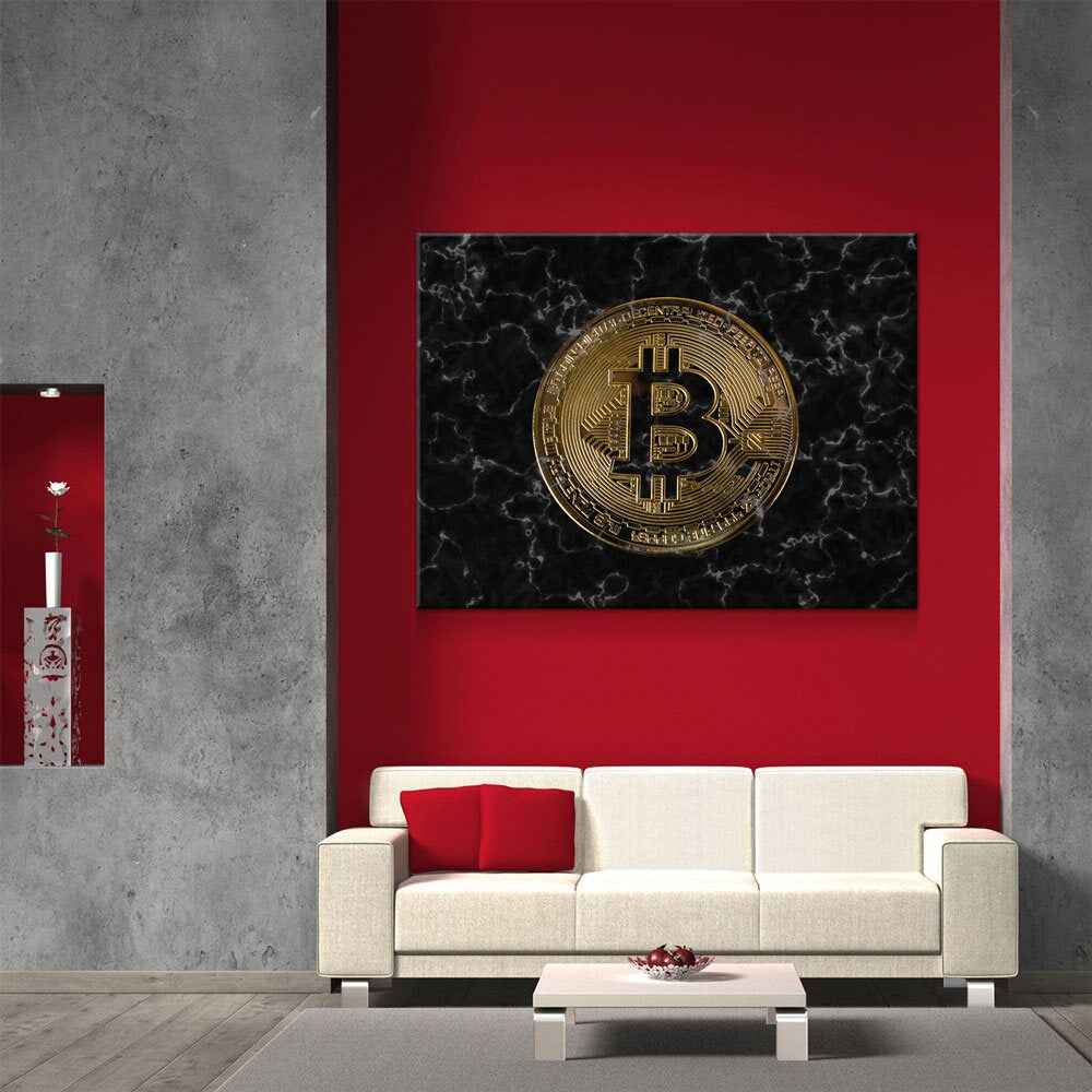 Bitcoin Black Marble Canvas Wall Art, Office Decor, Bitcoin, Crypto Currency, Block Chain, Decentralized Currency, Bitcoin Wall Art