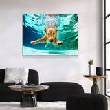 Golden Labrador Retriever Canvas Wall Art, Diving Under Water, Swimming Pool, Dog Gift, Golden Lab Print, Dog In Water