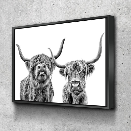 Highland Cows Canvas Wall Art, Ranch Art, Farmhouse Decor, Black White Print, Scottish Cows, Scottish Highlanders, Rustic Wall Decor - Royal Crown Pro