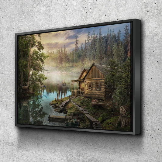 Cabin On The Lake Canvas Wall Art, Forest Cabin, Deer, Owl Decor, Hiking, Fishing Decor, Cabin Decor, Wilderness Decor - Royal Crown Pro