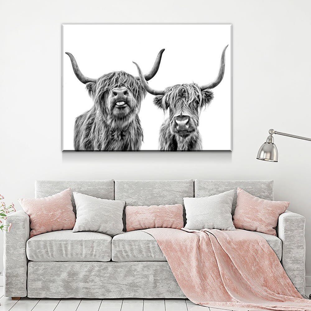 Highland Cows Canvas Wall Art, Ranch Art, Farmhouse Decor, Black White Print, Scottish Cows, Scottish Highlanders, Rustic Wall Decor - Royal Crown Pro