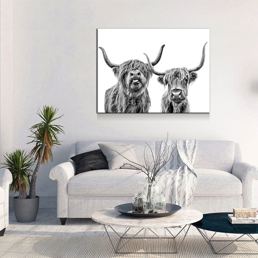 Highland Cows Canvas Wall Art, Ranch Art, Farmhouse Decor, Black White Print, Scottish Cows, Scottish Highlanders, Rustic Wall Decor - Royal Crown Pro