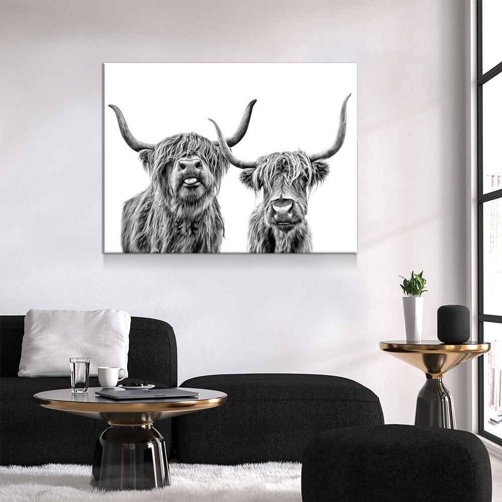 Highland Cows Canvas Wall Art, Ranch Art, Farmhouse Decor, Black White Print, Scottish Cows, Scottish Highlanders, Rustic Wall Decor - Royal Crown Pro