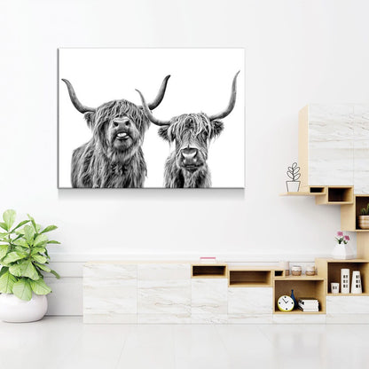 Highland Cows Canvas Wall Art, Ranch Art, Farmhouse Decor, Black White Print, Scottish Cows, Scottish Highlanders, Rustic Wall Decor - Royal Crown Pro