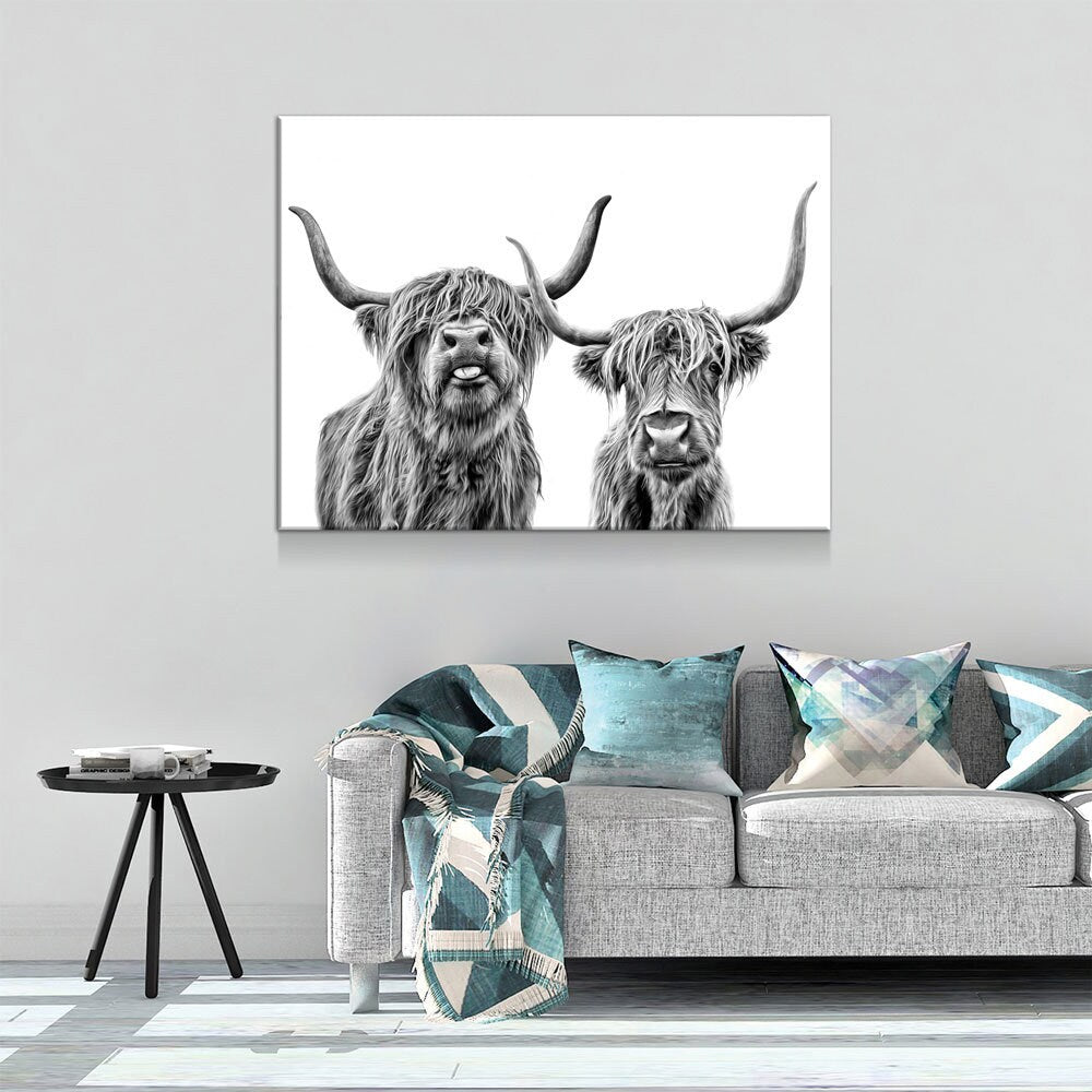 Highland Cows Canvas Wall Art, Ranch Art, Farmhouse Decor, Black White Print, Scottish Cows, Scottish Highlanders, Rustic Wall Decor - Royal Crown Pro