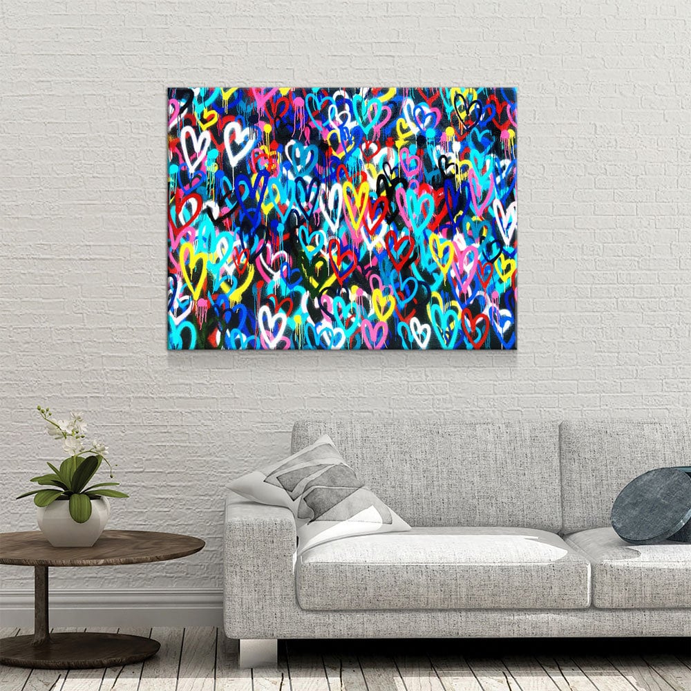 Love Hearts Graffiti Canvas Wall Art, Banksy Print, Graffiti Wall Art, Abstract Decor, Graffiti Decor