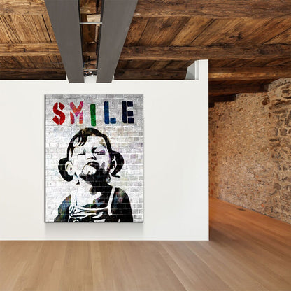 Smile Canvas Wall Art, Banksy Style Smile, Abstract Decor, Smile Girl Graffiti Canvas - Royal Crown Pro