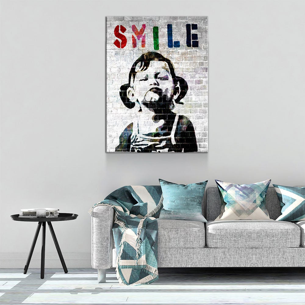 Smile Canvas Wall Art, Banksy Style Smile, Abstract Decor, Smile Girl Graffiti Canvas - Royal Crown Pro