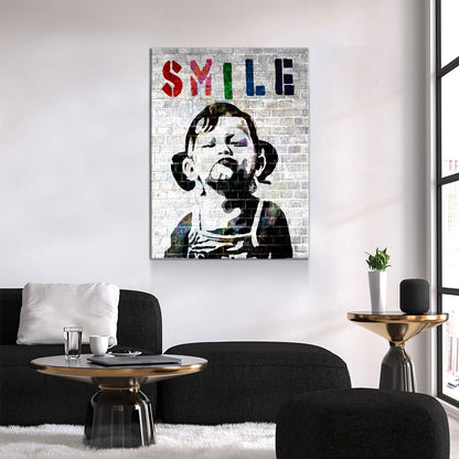 Smile Canvas Wall Art, Banksy Style Smile, Abstract Decor, Smile Girl Graffiti Canvas - Royal Crown Pro