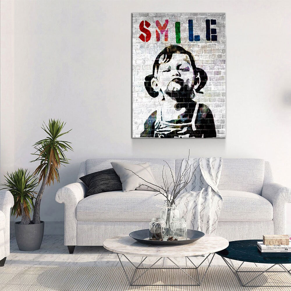 Smile Canvas Wall Art, Banksy Style Smile, Abstract Decor, Smile Girl Graffiti Canvas - Royal Crown Pro