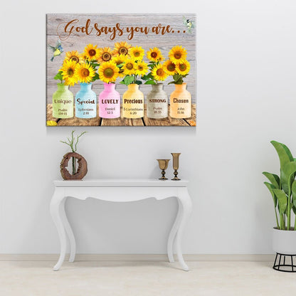 God Says You Are Wall Art, Sunflower Canvas, Jesus Canvas, Christian Canvas, God Canvas, Religious Art, Church Decor, Bible Verse Canvas - Royal Crown Pro