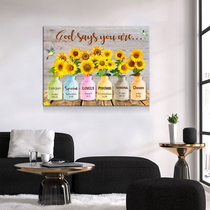 God Says You Are Wall Art, Sunflower Canvas, Jesus Canvas, Christian Canvas, God Canvas, Religious Art, Church Decor, Bible Verse Canvas - Royal Crown Pro