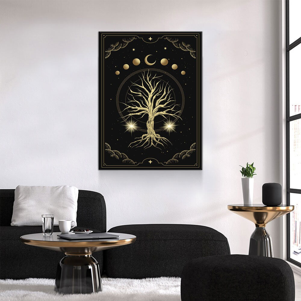 Magical Sacred Tree Canvas Wall Art, Moon Phase Art, Celestial, Esoteric, Boho Style Art, Astrology, Tarot Reader Canvas - Royal Crown Pro