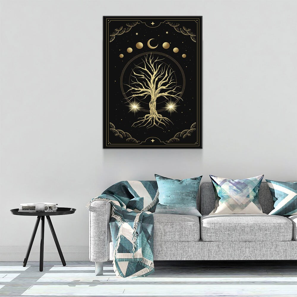 Magical Sacred Tree Canvas Wall Art, Moon Phase Art, Celestial, Esoteric, Boho Style Art, Astrology, Tarot Reader Canvas - Royal Crown Pro