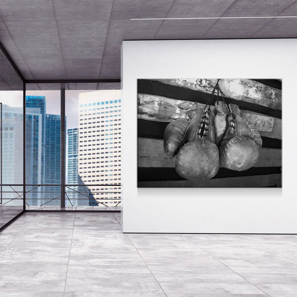 Boxing Gloves Vintage Canvas Wall Art, Boxing Art, Boxing Decor, Gym Decor, Boxer Art, MMA, Black & White - Royal Crown Pro