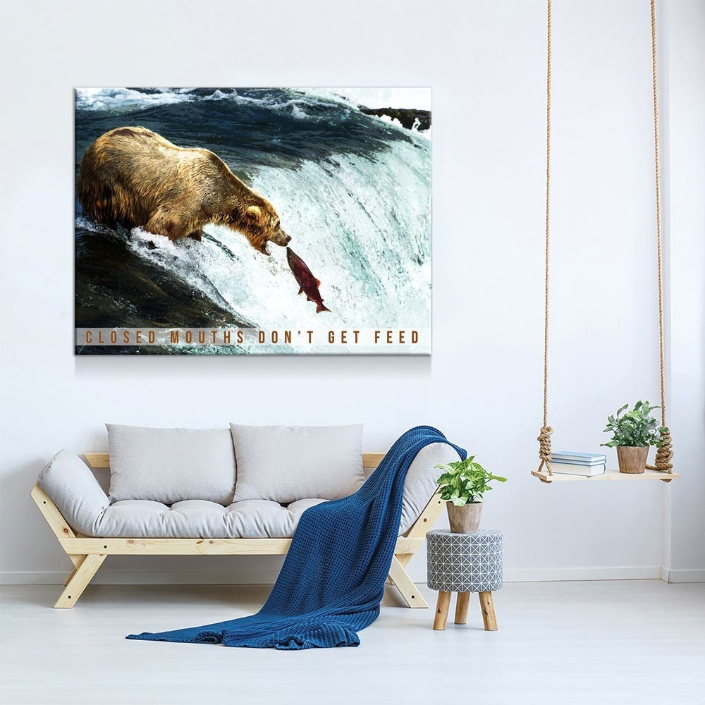 Closed Mouths Don't Get Feed Canvas Wall Art, Motivational Decor, Inspirational Decor, Office Decor, Bear, Stream, Fish