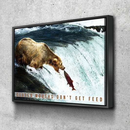 Closed Mouths Don't Get Feed Canvas Wall Art, Motivational Decor, Inspirational Decor, Office Decor, Bear, Stream, Fish - Royal Crown Pro