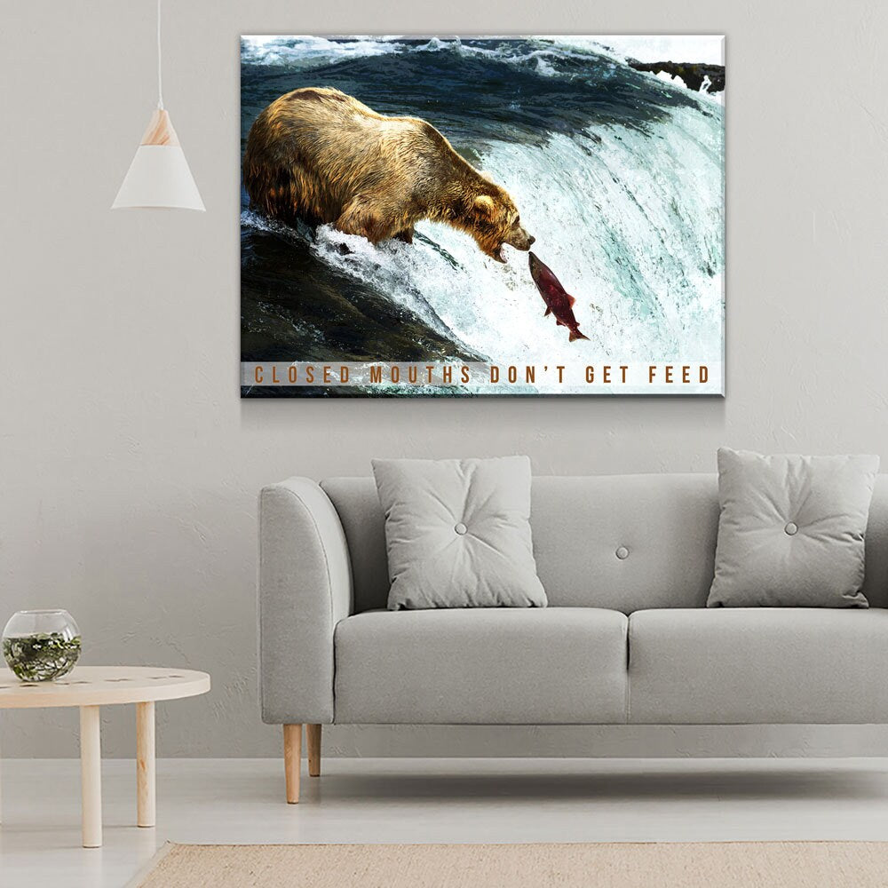 Closed Mouths Don't Get Feed Canvas Wall Art, Motivational Decor, Inspirational Decor, Office Decor, Bear, Stream, Fish