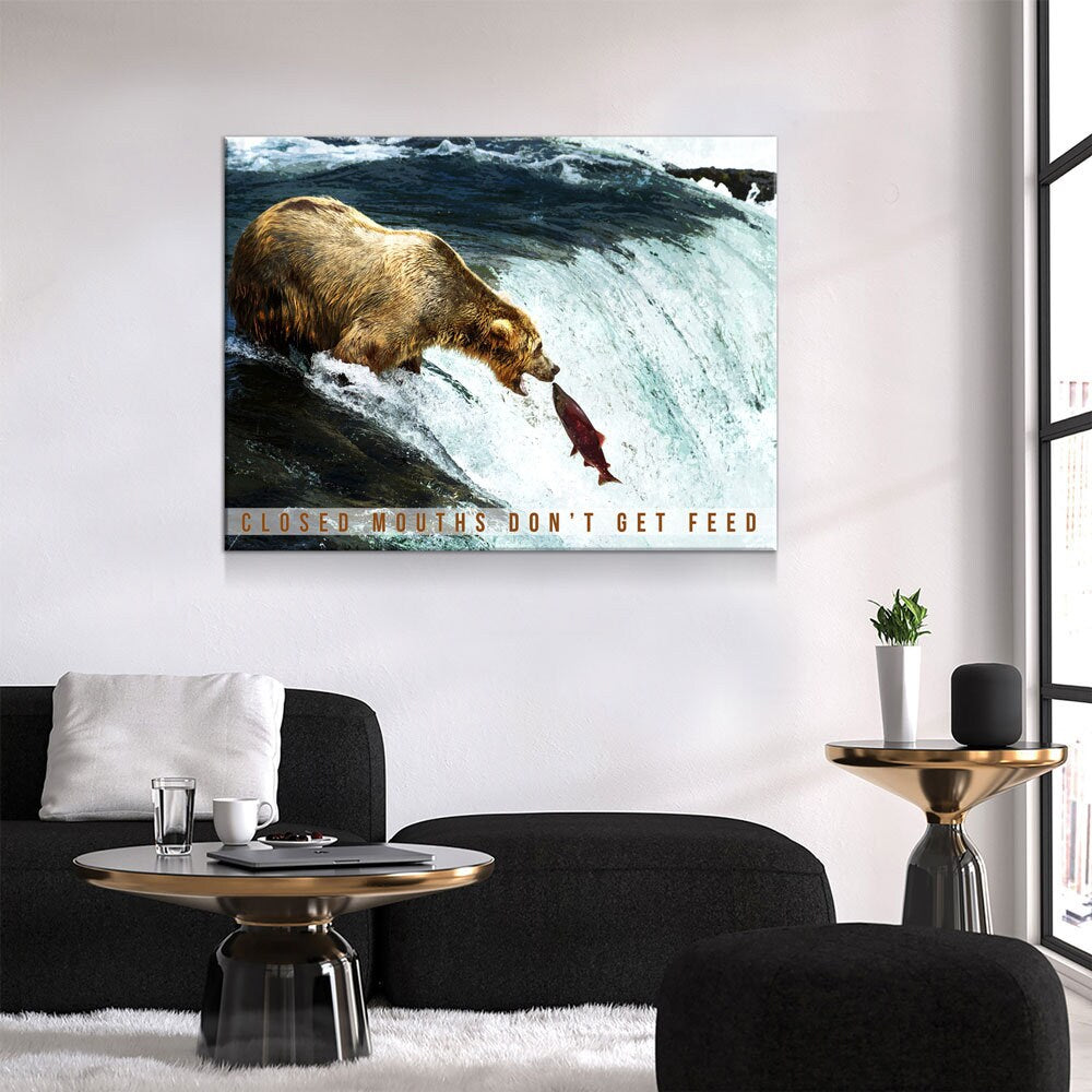 Closed Mouths Don't Get Feed Canvas Wall Art, Motivational Decor, Inspirational Decor, Office Decor, Bear, Stream, Fish