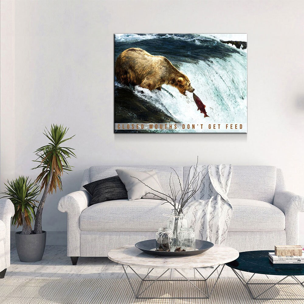 Closed Mouths Don't Get Feed Canvas Wall Art, Motivational Decor, Inspirational Decor, Office Decor, Bear, Stream, Fish