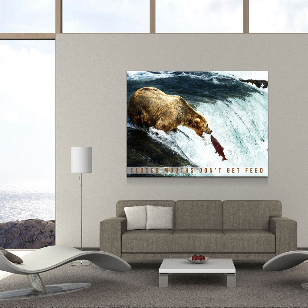 Closed Mouths Don't Get Feed Canvas Wall Art, Motivational Decor, Inspirational Decor, Office Decor, Bear, Stream, Fish