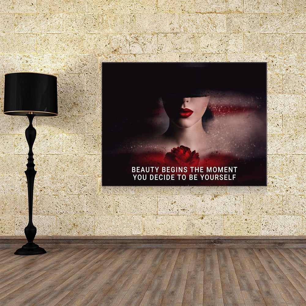 Beauty Begins The Moment You Decide To Be Yourself Canvas Wall Art, Motivational Decor, Inspirational Decor, Red Rose, Woman Boss