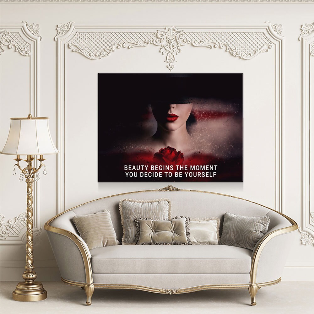 Beauty Begins The Moment You Decide To Be Yourself Canvas Wall Art, Motivational Decor, Inspirational Decor, Red Rose, Woman Boss