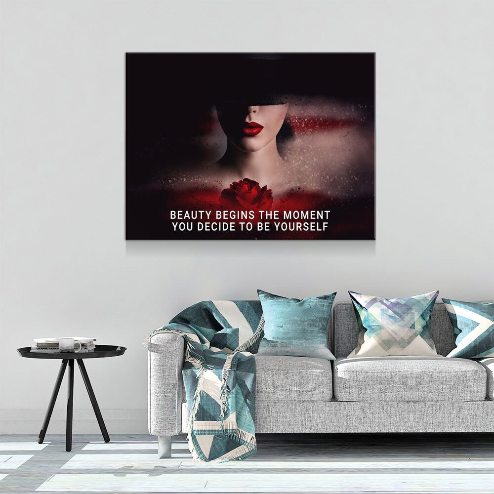 Beauty Begins The Moment You Decide To Be Yourself Canvas Wall Art, Motivational Decor, Inspirational Decor, Red Rose, Woman Boss