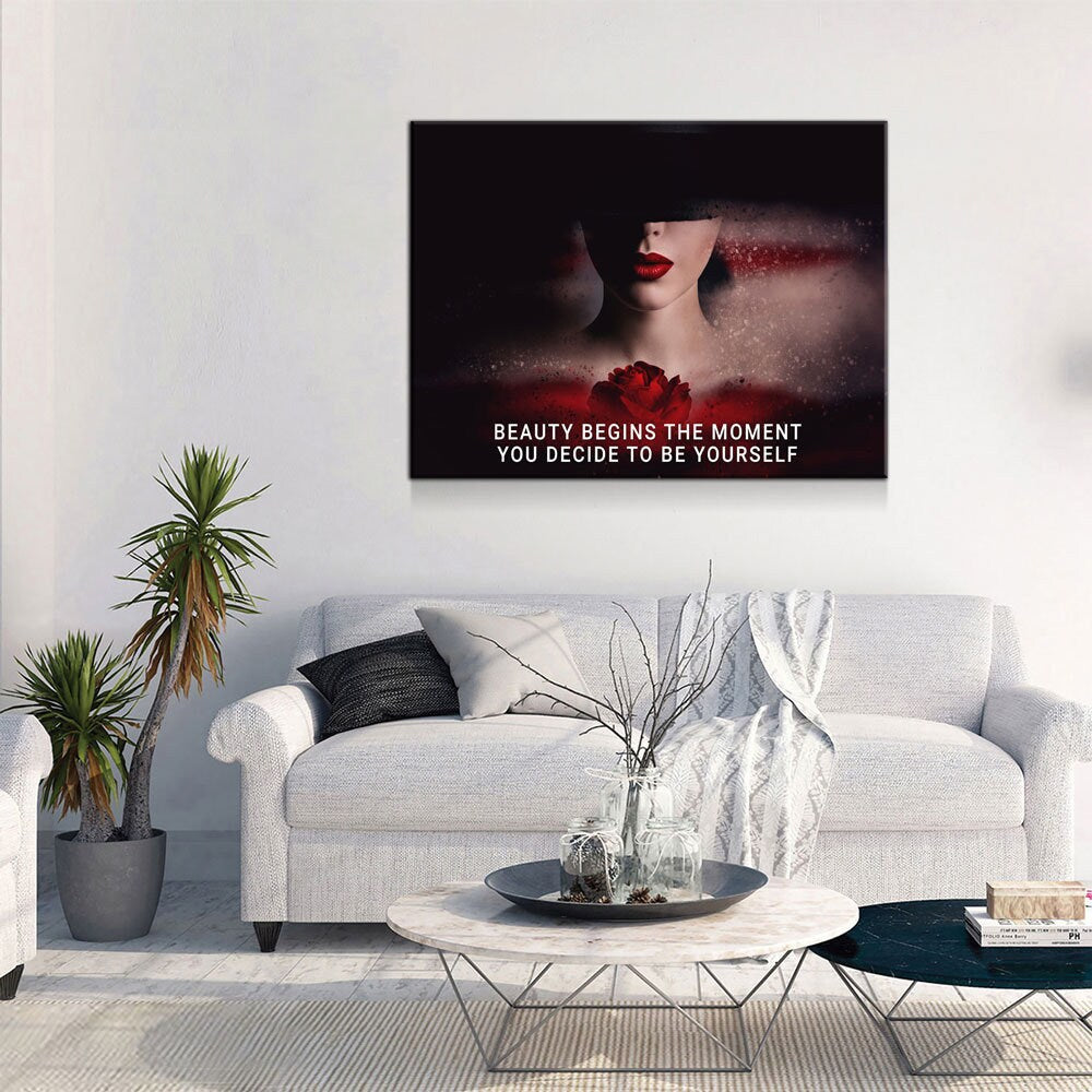 Beauty Begins The Moment You Decide To Be Yourself Canvas Wall Art, Motivational Decor, Inspirational Decor, Red Rose, Woman Boss