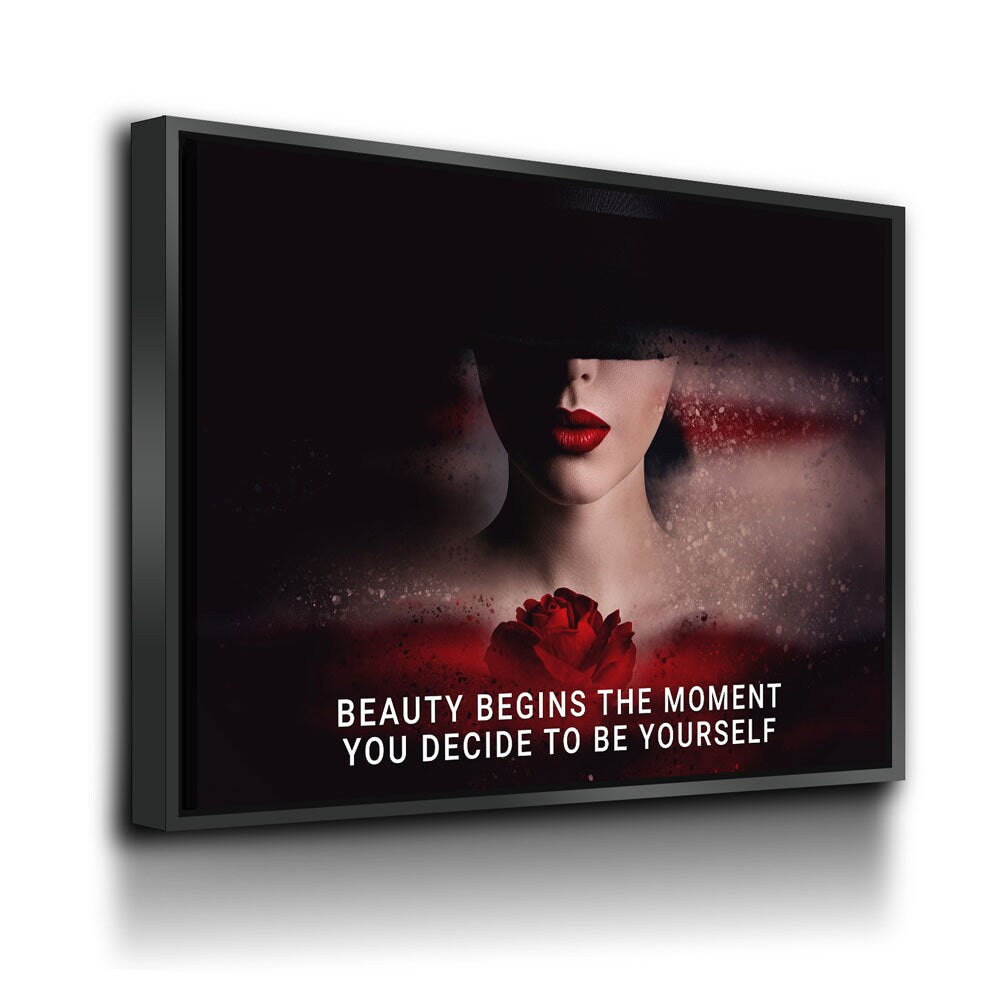 Beauty Begins The Moment You Decide To Be Yourself Canvas Wall Art, Motivational Decor, Inspirational Decor, Red Rose, Woman Boss