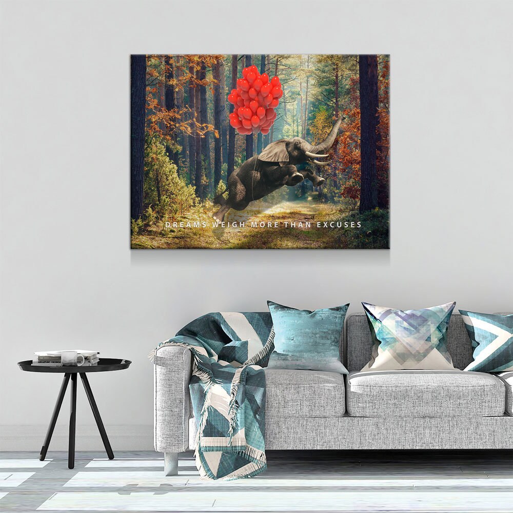 Dreams Weigh More Than Excuses Canvas Wall Art, Motivational Decor, Inspirational Decor, Office Decor, Elephant Balloons