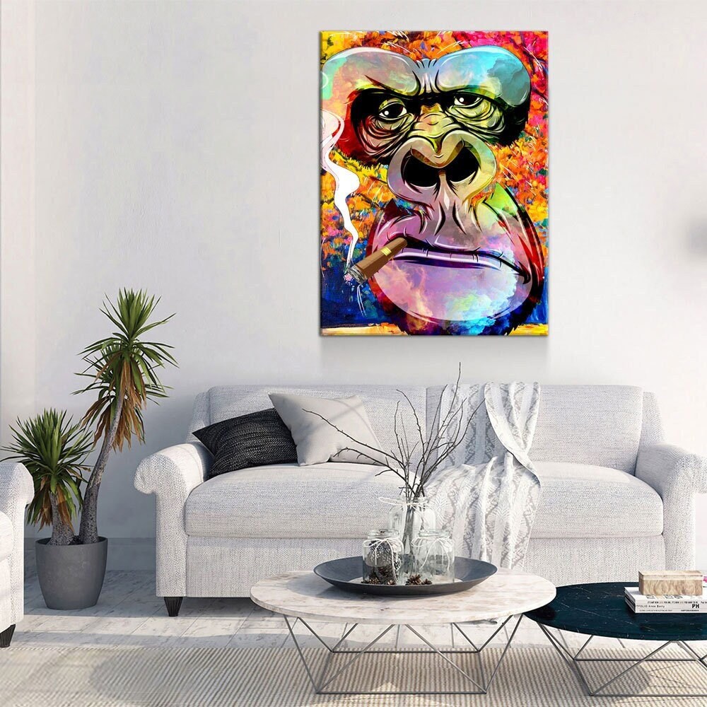 Gorilla Smoking Canvas Wall Art, Abstract Gorilla Art, Smoking Gorilla, Animal Print, Gorilla Smoking Cigar - Royal Crown Pro