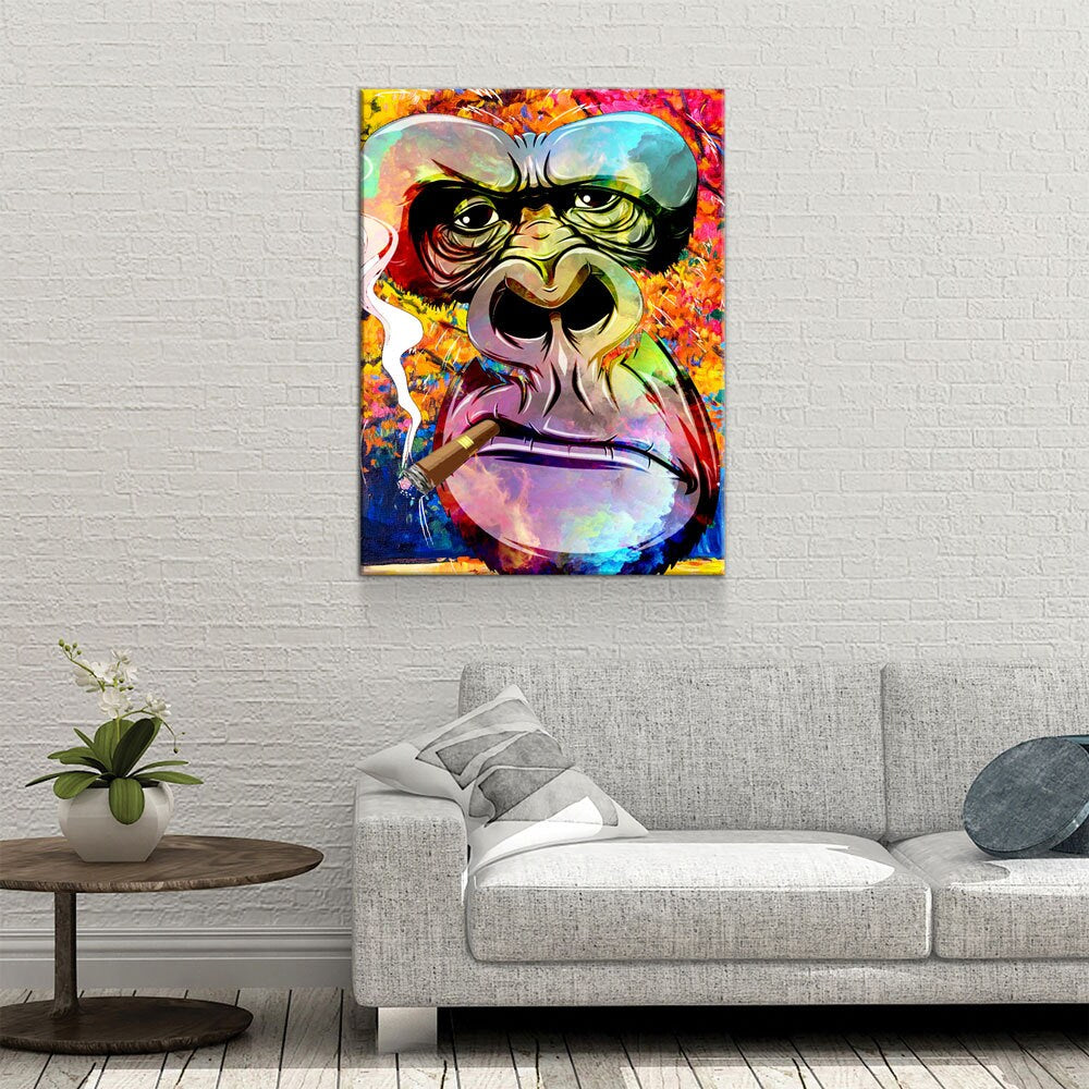 Gorilla Smoking Canvas Wall Art, Abstract Gorilla Art, Smoking Gorilla, Animal Print, Gorilla Smoking Cigar - Royal Crown Pro