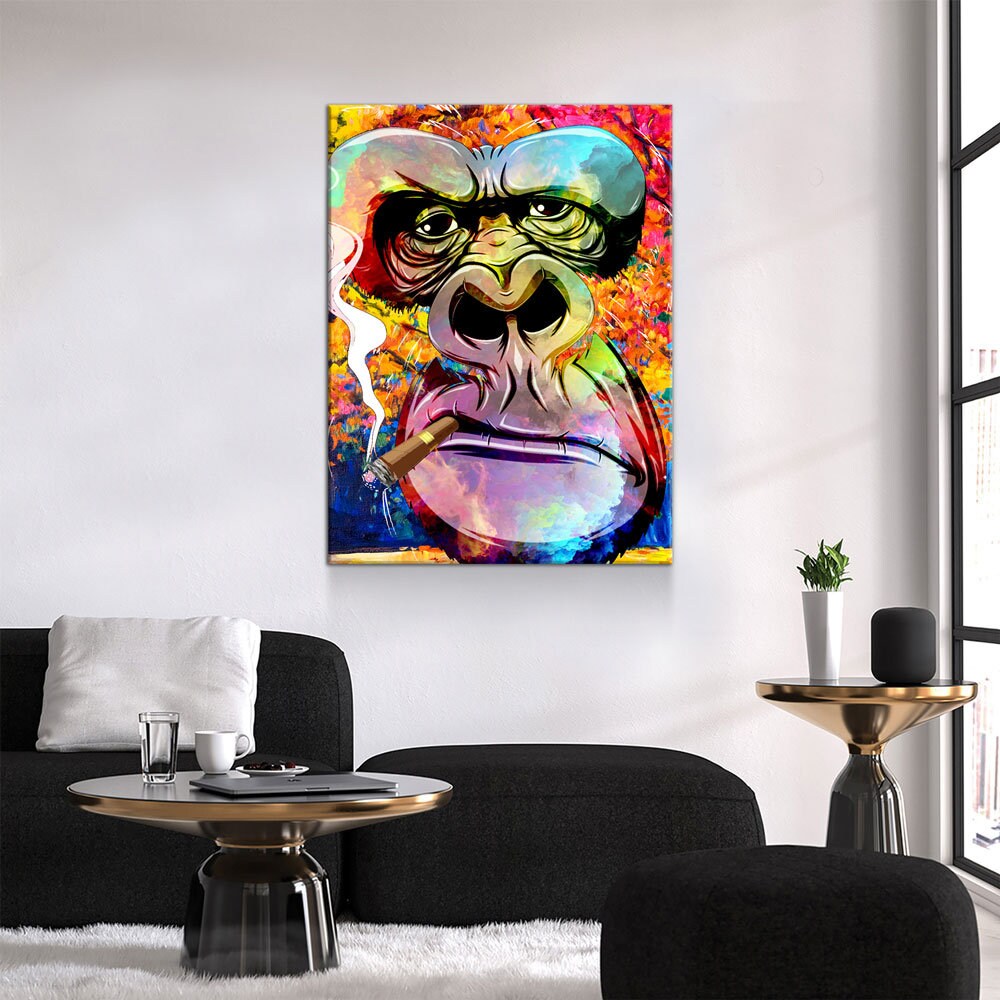 Gorilla Smoking Canvas Wall Art, Abstract Gorilla Art, Smoking Gorilla, Animal Print, Gorilla Smoking Cigar - Royal Crown Pro