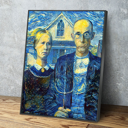 American Gothic Starry Night Mix Canvas Wall Art, Abstract American Gothic, Abstract Vintage Art Decor, Vincent van Gogh, Grant Wood - Royal Crown Pro