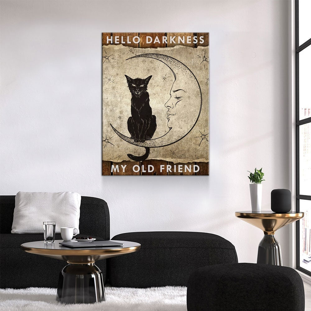 Hello Darkness My Old Friend Canvas Wall Art, Wiccan Decor, Wiccan Art, Black Cat, Wiccan Moon, Spiritual Decor - Royal Crown Pro