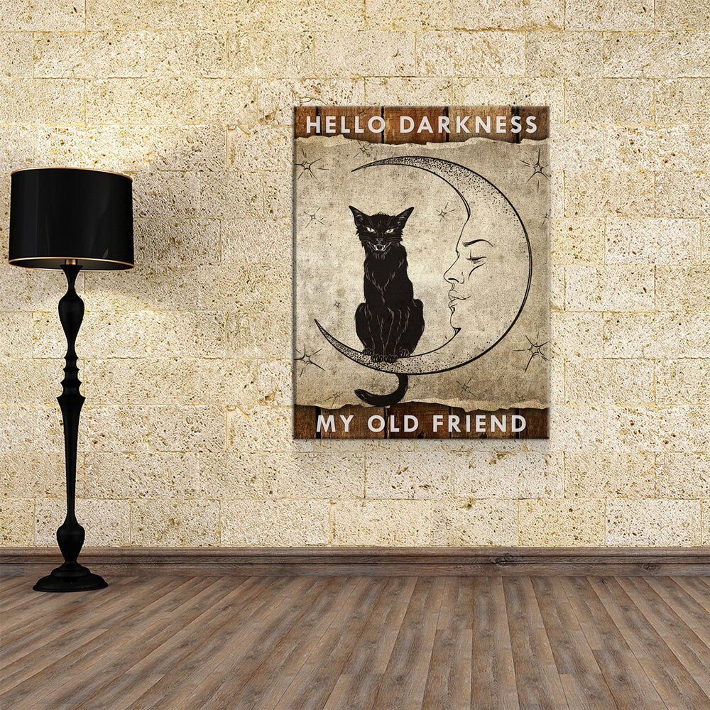 Hello Darkness My Old Friend Canvas Wall Art, Wiccan Decor, Wiccan Art, Black Cat, Wiccan Moon, Spiritual Decor - Royal Crown Pro