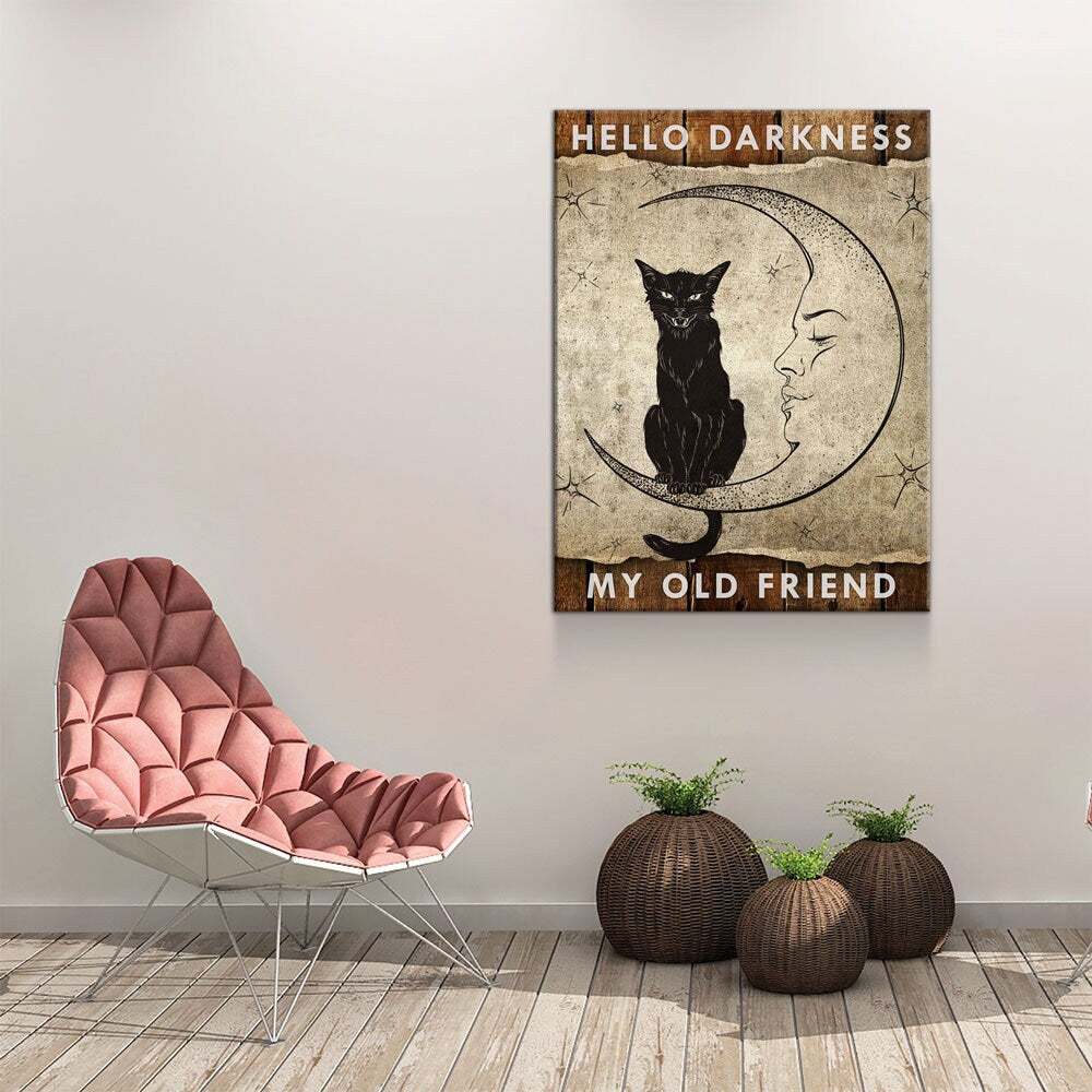 Hello Darkness My Old Friend Canvas Wall Art, Wiccan Decor, Wiccan Art, Black Cat, Wiccan Moon, Spiritual Decor - Royal Crown Pro