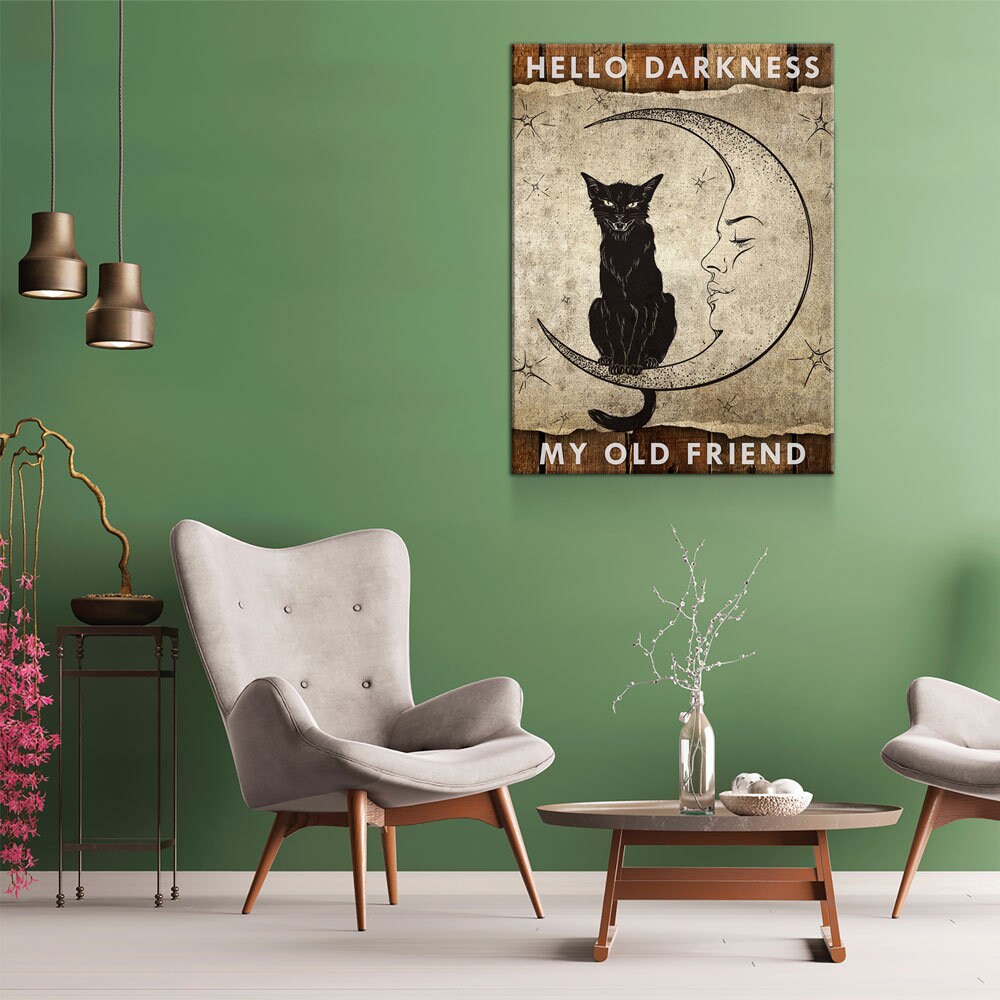 Hello Darkness My Old Friend Canvas Wall Art, Wiccan Decor, Wiccan Art, Black Cat, Wiccan Moon, Spiritual Decor - Royal Crown Pro