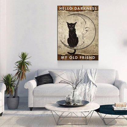 Hello Darkness My Old Friend Canvas Wall Art, Wiccan Decor, Wiccan Art, Black Cat, Wiccan Moon, Spiritual Decor - Royal Crown Pro