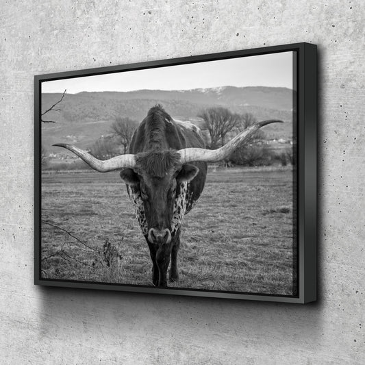 Texas Longhorn Black & White Canvas Wall Art, Ranch Art, XL Wall Art, Ranch Style Home Decor, Black and White Texas Longhorn - Royal Crown Pro